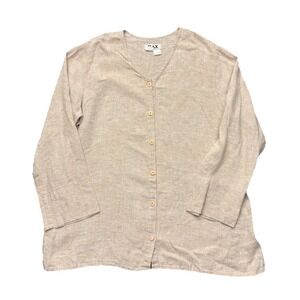 Flax Top Womens L Beige Linen Button Up Tunic Shirt Lagenlook Boho Minimalist